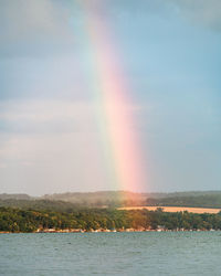 Scenic view of rainbow over sea against sky