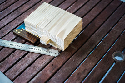 High angle view of wooden table