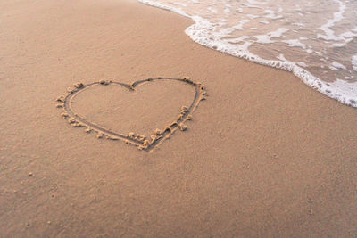 High angle view of heart shape on beach