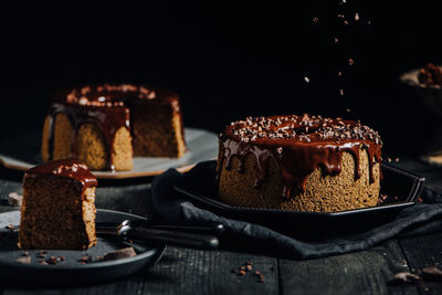 Close-up of chocolate cake in plate