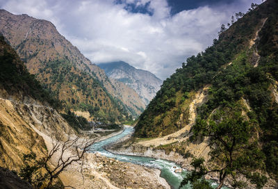 Panoramic view of river amidst mountains against sky