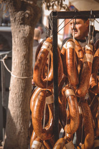 Close-up of sausage, meat for sale on the street