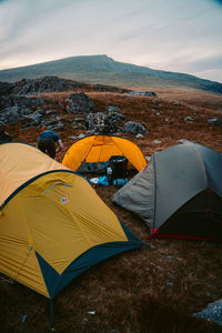 High angle view of tent on mountain against sky