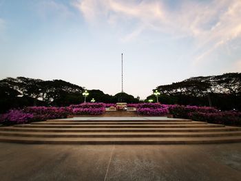 View of flowering plants in park against cloudy sky