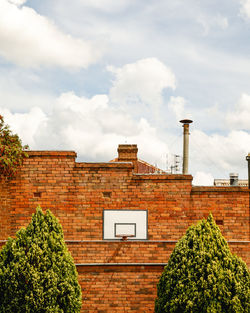 Low angle view of tree by building against sky