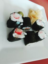 High angle view of sushi in plate