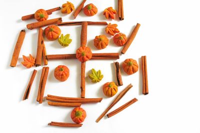 High angle view of food on table against white background