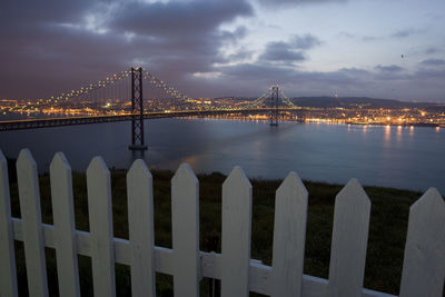 Bridge over river in city against cloudy sky