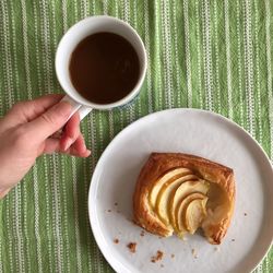 Cropped hand of woman holding coffee by pastry in plate on tablecloth