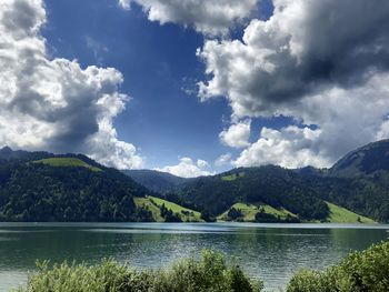 Scenic view of lake and mountains against sky