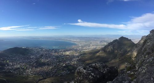 Aerial view of city and mountains against blue sky