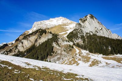 Scenic view of snowcapped mountains against blue sky