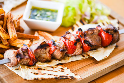 Close-up of meal served on table