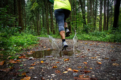 Low section of person running on street amidst trees in forest