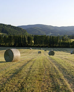 Hay bales on field against sky