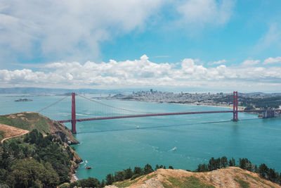 View of suspension bridge over sea against cloudy sky