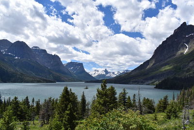 Scenic view of lake amidst mountains against sky