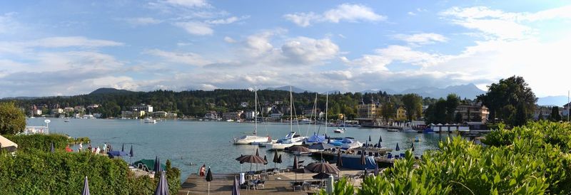 Panoramic view of boats moored in harbor