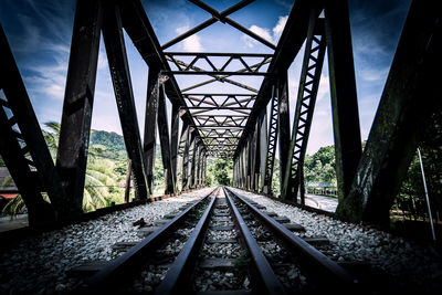 Surface level of railroad tracks against sky