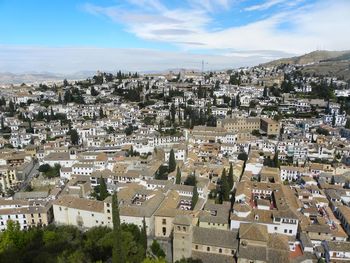 High angle shot of townscape against sky