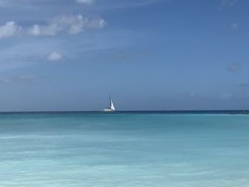 Sailboat sailing on sea against sky