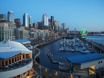 Aerial view of buildings in city against sky