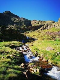 Scenic view of river by mountains against clear sky