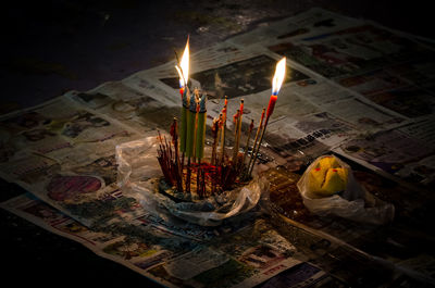 Close-up of lit candles at night