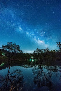 Scenic view of lake against sky at night