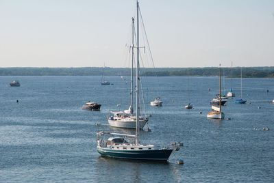 Sailboats sailing in sea against sky