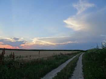 Scenic view of agricultural field against sky during sunset