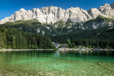 Scenic view of lake and mountains against sky