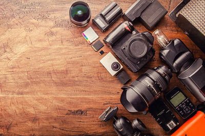 High angle view of camera on table