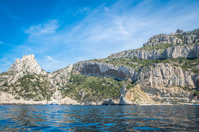 Scenic view of sea by rock formation against sky