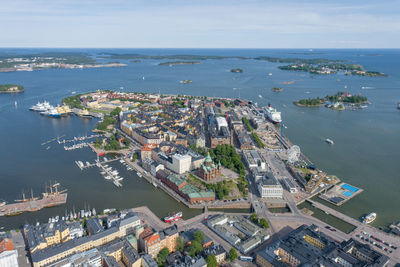 Katajanokka area in helsinki, finland. beautiful cityscape with harbour and sea in background.