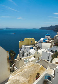 High angle view of sea against blue sky