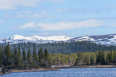 Scenic view of lake by mountains against sky