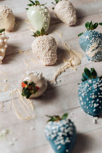 High angle view of dessert on table