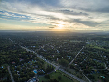 High angle view of townscape against sky at sunset