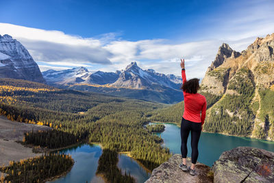 Rear view of man standing on mountain against sky