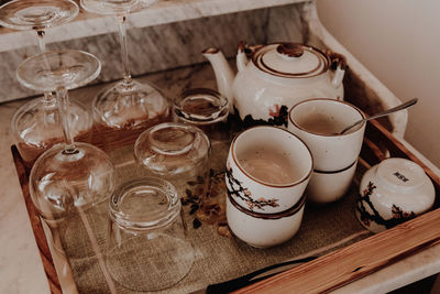 High angle view of coffee on table