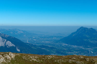 Scenic view of snowcapped mountains against clear blue sky