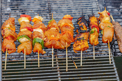 Close-up of chicken shish kebab on a barbecue