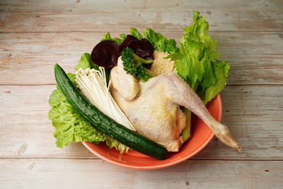High angle view of vegetables on table