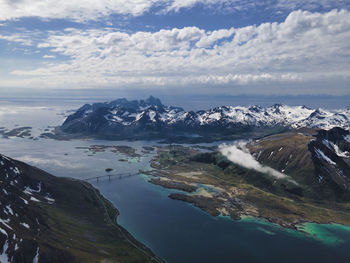 Scenic view of sea and snowcapped mountains against sky