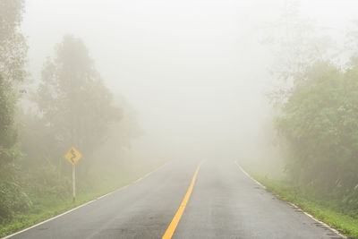 View of road along trees during foggy weather
