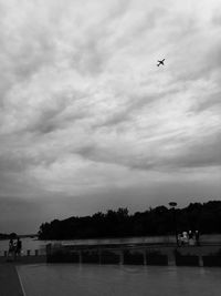 Bird flying over sea against cloudy sky