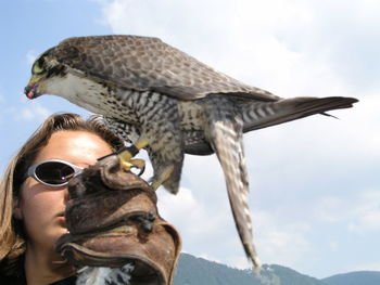 Falconer holding hawk against cloudy sky