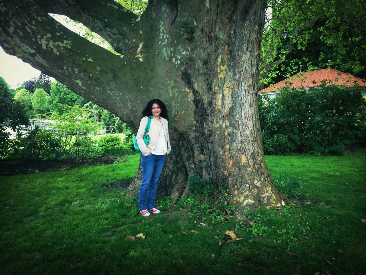 tree, casual clothing, full length, lifestyles, standing, tree trunk, grass, leisure activity, green color, growth, forest, nature, rear view, tranquility, plant, young adult, person, outdoors