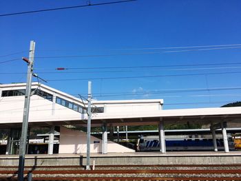 Railroad tracks against clear blue sky